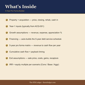 5-Year STR Pro Forma Builder — Airbnb IRR + Equity Multiple Calculator — Real Estate Investment Excel image 2