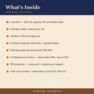 Rehab Budget + ROI Spreadsheet for Airbnb Hosts — STR Renovation Tracker — Contractor Payment Log — Excel image 2