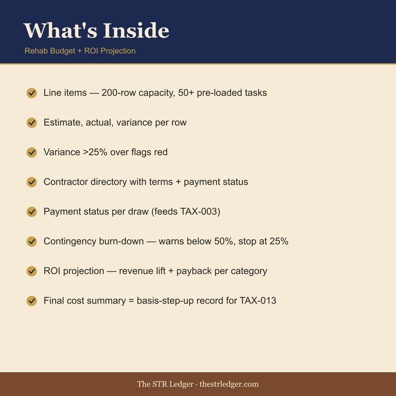 Rehab Budget + ROI Spreadsheet for Airbnb Hosts — STR Renovation Tracker — Contractor Payment Log — Excel image 2