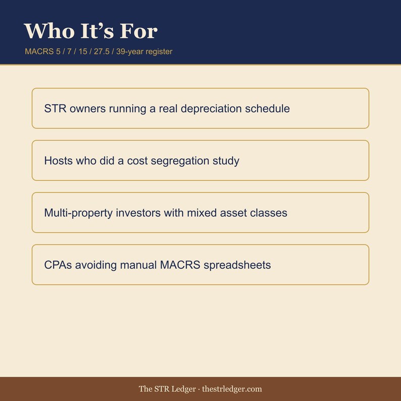 STR Host Depreciation Tracker – MACRS Asset Register (Excel) image 3