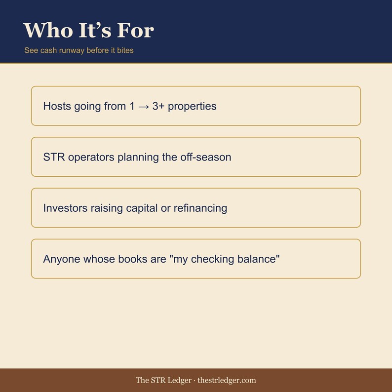 12-Month Cash Flow Forecaster for Airbnb Hosts — STR Portfolio Cash Runway Spreadsheet — Excel + Sheets image 3