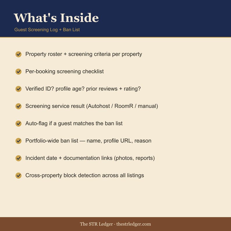 Airbnb Guest Screening Checklist + Ban List Spreadsheet — STR Host Risk Management Tool — Excel image 2