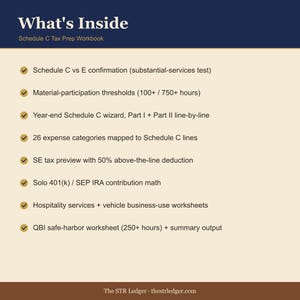 Schedule C Tax Prep Workbook – Active STR Hosts, Self-Employment Tax, QBI (Excel) imagen 2