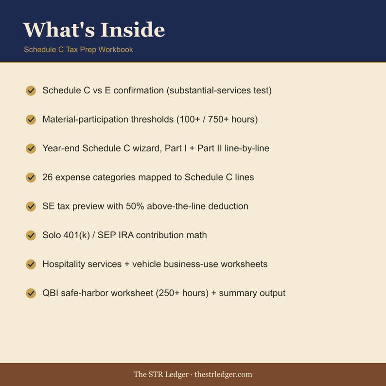 Schedule C Tax Prep Workbook – Active STR Hosts, Self-Employment Tax, QBI (Excel) imagen 2