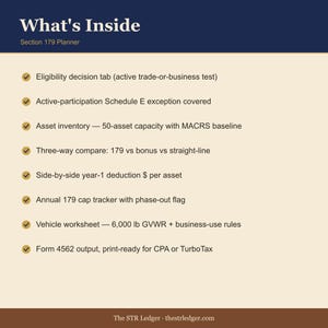Section 179 Planner for Airbnb Hosts — STR Tax Template — Front-Load Depreciation Calculator — Excel image 2