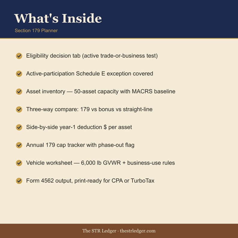 Section 179 Planner for Airbnb Hosts — STR Tax Template — Front-Load Depreciation Calculator — Excel image 2