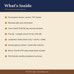 STR License Renewal Calendar — Airbnb Permit Tracker — Vacation Rental Compliance Spreadsheet — Excel image 2
