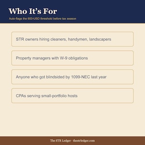 1099-NEC Contractor Tracker — Airbnb STR Host Tax Template — 600 Threshold Auto-Flag — Excel Spreadsheet image 3