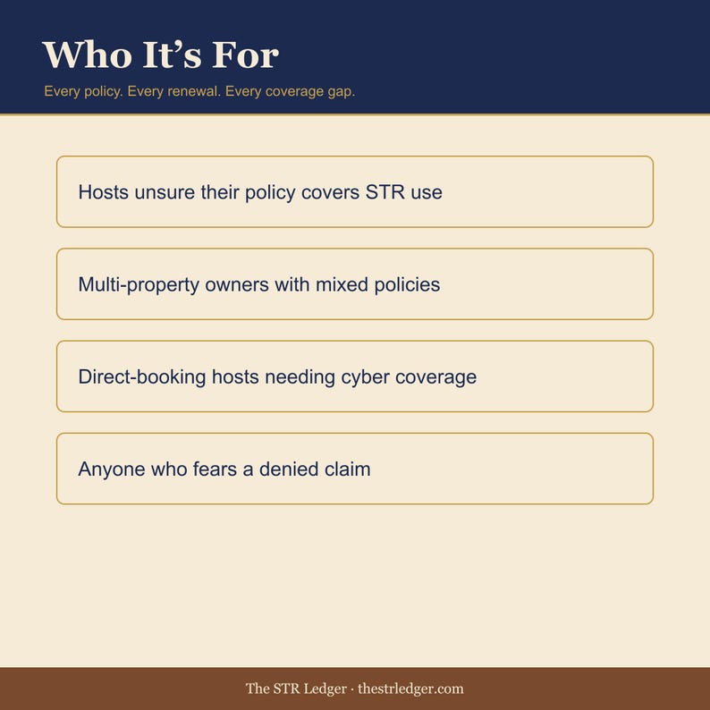 Insurance Policy Tracker for Airbnb Hosts — STR Coverage Gap Analyzer + Renewal Calendar — Excel + Sheets image 3