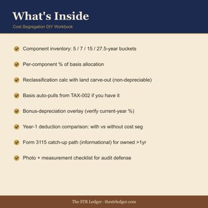 Cost Segregation DIY Workbook – STR Bonus Depreciation Calculator (Excel) 画像 2