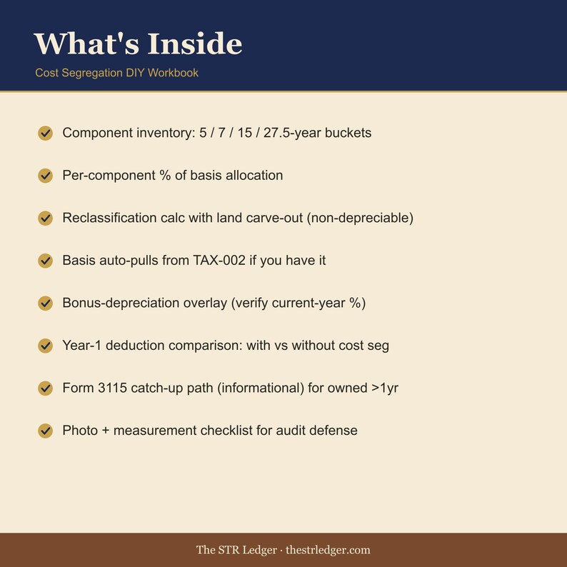 Cost Segregation DIY Workbook – STR Bonus Depreciation Calculator (Excel) 画像 2