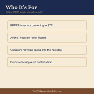 BRRRR Refi Calculator for Airbnb Hosts — Investor Cash-Out Math — ARV + DSCR Spreadsheet — Excel + Sheets image 3