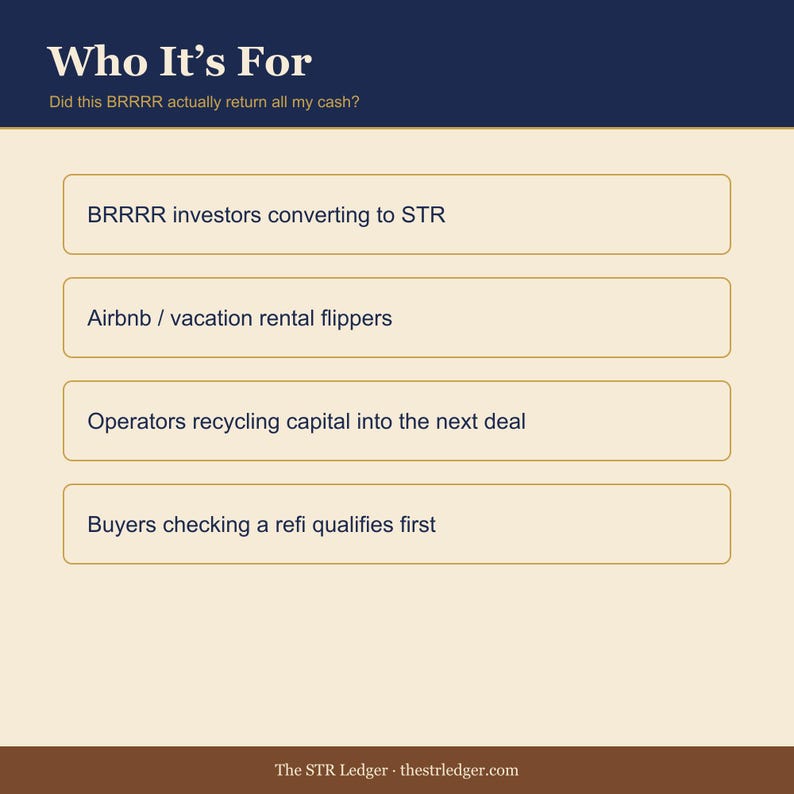 BRRRR Refi Calculator for Airbnb Hosts — Investor Cash-Out Math — ARV + DSCR Spreadsheet — Excel + Sheets image 3