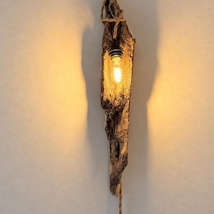 May include: A wall-mounted light fixture featuring a piece of weathered driftwood as the main support. A single Edison-style light bulb hangs from a twisted jute rope, emitting a warm, golden glow against the textured surface of the wood.