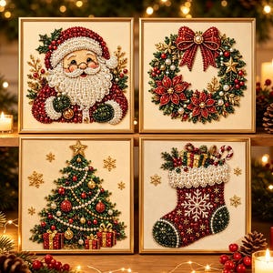 May include: Four square framed wall art pieces featuring beaded Christmas designs: a smiling Santa Claus, a festive wreath with a red bow, a decorated pine tree with gifts, and a holiday stocking filled with presents, all on a cream background.