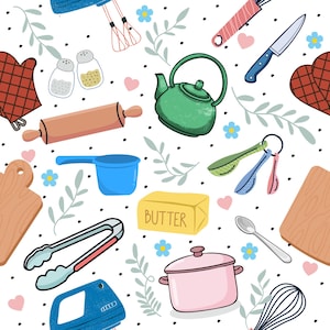 Può includere: Un'illustrazione stravagante con vari utensili da cucina e forniture per la cottura. L'immagine include un mattarello, cucchiai dosatori, una teiera, una pentola, una frusta e un panetto di burro. Sfondo bianco con accenti floreali e a forma di cuore.