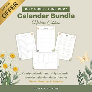 Könnte beinhalten: Ein Kalender-Bundle mit Naturthema, das einen Jahres-, Monats-, Wochen- und Tagesplaner enthält. Das Design umfasst florale Akzente und eine Schmetterlingsillustration. Der Text lautet "Juli 2026 - Juni 2027" und "Calendar Bundle Nature Edition."