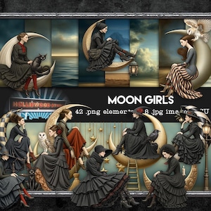 May include: A digital collection titled MOON GIRLS featuring 42 PNG elements and 8 JPG images of figures in dark clothing sitting on crescent moons, accompanied by owls, cats, ravens, lanterns, and stars against various atmospheric backgrounds.
