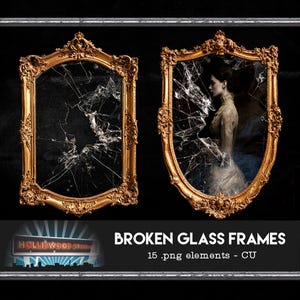 May include: Two ornate gold-coloured frames with intricate detailing, each containing shattered glass. One frame is rectangular, while the other is shield-shaped and displays a profile portrait of a person. Text reads: BROKEN GLASS FRAMES 15 .png elements - CU.