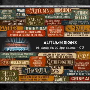 Puede incluir: Una colección de letreros rectangulares con frases y tipografía de temática otoñal en varios colores como naranja, verde y azul. El texto incluye frases como Autumn, Fall, Gather Together, Thankful y Hello Fall sobre fondos desgastados.