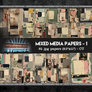 May include: A digital collection of 82 mixed media papers, each measuring 8.5 inches by 11 inches. The image displays a collage of various paper textures, torn edges, and layered fragments in muted tones of pink, green, gray, and cream with text.