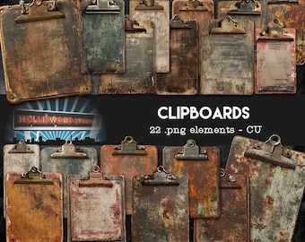 May include: A collection of twenty-two digital clipboard elements featuring weathered, rusted, and distressed textures in shades of brown, gray, and copper. The image includes the text CLIPBOARDS 22 .png elements - CU and a Hollywood Studio sign.