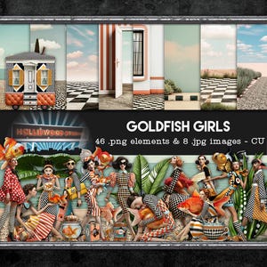 May include: A digital collection titled GOLDFISH GIRLS featuring 46 .png elements and 8 .jpg images. The set includes various scenes with checkered floors, architectural details, and illustrations of people in patterned clothing with goldfish.