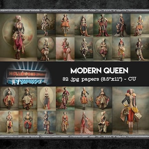 以下が含まれることがあります： Modern Queenと題された32枚のJPGデジタルペーパーコレクション。各サイズは21.59cm x 27.94cmです。画像には、歴史にインスパイアされた精巧な衣装を身にまとった様々な人物が、多様なカラーパレット、質感、ポーズで描かれています。