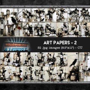 Peut inclure: Une collection numérique de 32 papiers artistiques, mesurant chacun 21,6 cm sur 27,9 cm, présentant des illustrations architecturales en noir et blanc, des pages de livres anciens et des motifs de corbeaux noirs avec des accents rouges.