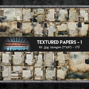 Könnte beinhalten: Eine Sammlung von 32 digitalen strukturierten Papieren mit geschichteten, abgenutzten Oberflächen in Beige-, Creme-, Braun- und Dunkelblautönen. Das Bild enthält den Text "TEXTURED PAPERS - 1", "32 .jpg images (17,78cm x 22,86cm) - CU" und "HOLLYWOOD STUDIOS".