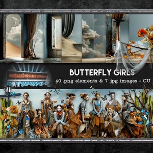 May include: A digital collection titled BUTTERFLY GIRLS featuring 40 .png elements and 7 .jpg images. The display shows various scenes with open doors, clouds, desert landscapes, and a group of figures in brown and blue attire with butterflies.