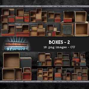 May include: Collection of small, open wooden boxes in various sizes and colors, including red, brown, and gray. The boxes are arranged on shelves, with the text "BOXES - 2" and "HOLLIEWOOD STUDIO" visible.