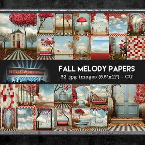 May include: A digital collection titled FALL MELODY PAPERS containing 32 JPG images measuring 21.6 cm by 27.9 cm. The images feature surreal landscapes with red-leafed trees, checkered floors, mushrooms, clouds, and architectural elements.