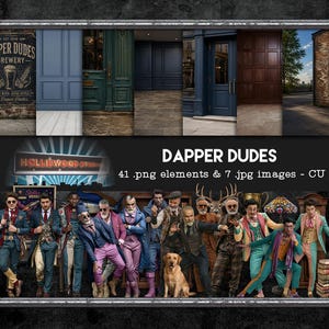 Dapper Dudes Digital Kit | 7 Printable Papers + 41 PNG Elements | Mixed Media, Junk Journal, Scrapbook, Commercial Use