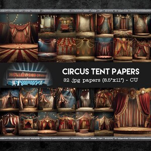 May include: A collage of circus-themed digital papers. The images feature various circus tent interiors with red and white striped patterns, stage lights, and draped curtains. The text "CIRCUS TENT PAPERS" is displayed, along with the number of papers and dimensions of 8.5" x 11".