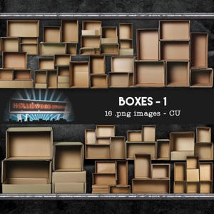 Puede incluir: Una colección de cajas de cartón abiertas de varios tamaños dispuestas sobre un fondo oscuro. Las cajas son de tonos marrones y beige. El texto "BOXES - 1" y "16 .png images - CU" está presente.