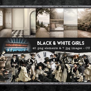 以下が含まれることがあります： BLACK & WHITE GIRLSと題されたデジタルコレクションで、40個のPNG要素と7枚のJPG画像が含まれています。白黒の衣装を着たヴィンテージスタイルの人物、建築の背景、大きな時計の文字盤、ハリウッドスタジオの看板が展示されています。
