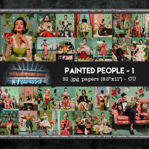 May include: A collage of vintage-style illustrations titled "Painted People - 1." The artwork features various scenes of people in retro settings, with a Hollywood studio sign. The collection includes 32 JPG papers, each 8.5" x 11" in size.