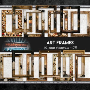 Può includere: Una collezione di cornici rettangolari in vari stili, tra cui oro ornato, legno rustico e motivi floreali. L'immagine presenta il testo ART FRAMES e 32 .png elements - CU, insieme a una grafica di un'insegna di uno studio di Hollywood.
