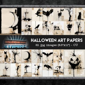 Può includere: Una collezione di 32 carte artistiche digitali con illustrazioni a inchiostro nero su sfondo beige, inclusi motivi di lune crescenti, pipistrelli, ragni, corvi, case infestate, alberi spogli, lapidi e una zucca, formato 21,6cm x 27,9cm.