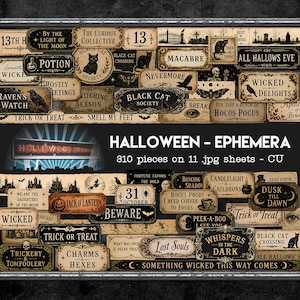 May include: A collection of Halloween-themed ephemera featuring 810 pieces on 11 digital sheets. The labels display vintage-style typography and illustrations including black cats, ravens, skeletons, pumpkins, and moons with text like Hocus Pocus.