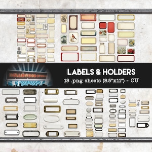 May include: A selection of vintage-style labels and holders in diverse shapes and sizes. The labels feature cream, red, and gold hues. The image includes the text "LABELS & HOLDERS" and "13 .png sheets (8.5"x11") - CU". The sheets are 21.6 x 27.9 cm.