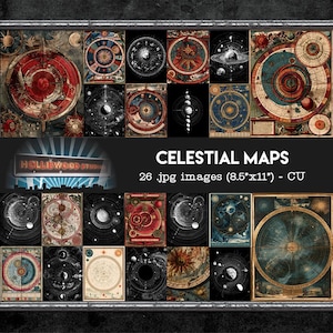 May include: A digital collection of 26 celestial maps in JPG format, each measuring 8.5 inches by 11 inches. The images feature intricate astronomical diagrams, planetary orbits, lunar phases, and star charts in shades of red, blue, gold, and black.