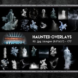May include: A collection of 32 digital image overlays featuring white smoke, mist, and spider web patterns on a black background. The text HAUNTED OVERLAYS 32 .jpg images (8.5"x11") - CU is displayed in the center of the grid of graphic elements.