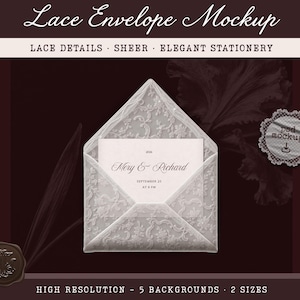 May include: A sheer white lace envelope containing a rectangular card with the text Mery & Richard, September 25, at 8 PM. The envelope features a detailed floral lace pattern. A circular seal with the text psd mockup is visible on the right.