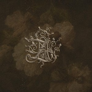 May include: A dark brown textured background featuring a central metallic silver monogram of the letters A and L intertwined with intricate, swirling filigree and vine-like decorative elements that extend outward from the central characters.