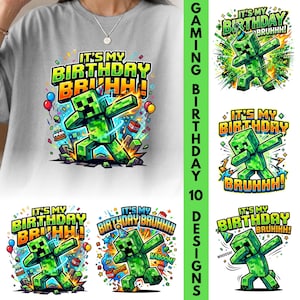 Puede incluir: Una camiseta gris claro con un gráfico de una criatura verde pixelada haciendo una pose de dab, rodeada de globos, confeti y un pastel. El texto dice IT'S MY BIRTHDAY BRUHH! El diseño incluye elementos explosivos y colores vibrantes.