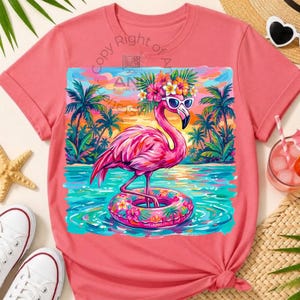 Immagine PNG di fenicottero estivo, galleggiante da piscina a forma di fenicottero tropicale, corona di fiori con fenicottero sfacciato, trasferimento DTF con uccello da spiaggia retrò, design carino per maglietta con fenicottero