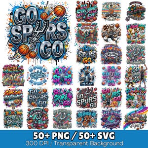 May include: A digital collection of over 50 San Antonio Spurs basketball themed graphic designs featuring vibrant colors, basketballs, team logos, and text such as Go Spurs Go, displayed in a grid format with a blue banner at the bottom.