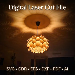 May include: A pendant light fixture with a leaf-like design, illuminated from within. The light casts a warm glow, and the text "Digital Laser Cut File" is at the top, with file type abbreviations at the bottom.